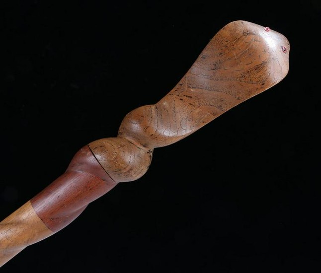 Indian carved walking stick carved as a cobra, 102cm