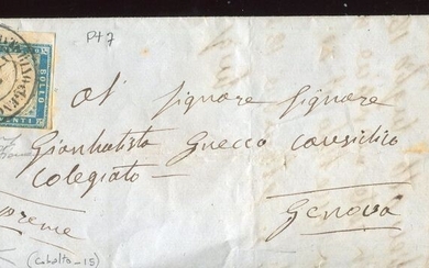Italian Ancient States - Sardinia 1855 - 20 cents cobalt on letter to Genoa, used in August ‘55 and with travelling post office cancellation - Sassone N. 15