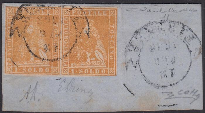Italian Ancient States - Tuscany 1857 - 1 soldo light ochre horizontal pair on fragment, large print stain - Sassone N. 11a