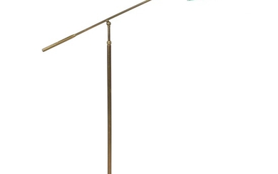Italian Design: Floor lamp with brass frame and adjustable arm. Light green lacqured metal shade, inside white lacquered. Adjustable height.