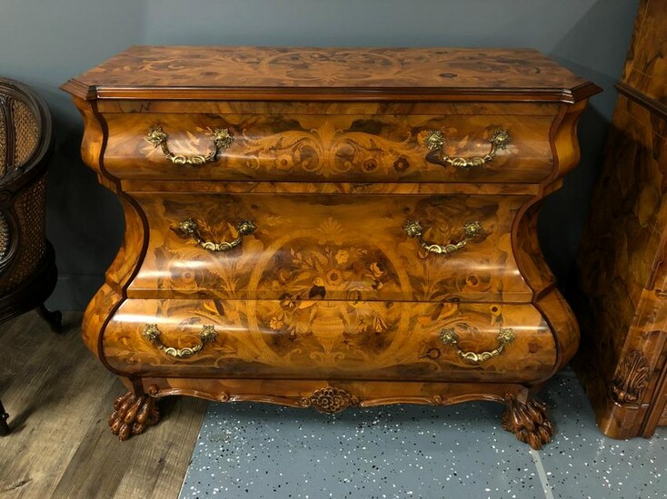 Italian Rococo Style Inlay Bombe Chest of Drawers
