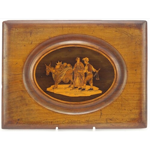 Italian Sorrento ware panel inlaid with a donkey and two pe...