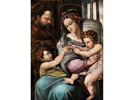 Italienischer Maler des ausgehenden 16. Jahrhunderts, DIE HEILIGE FAMILIE MIT JOHANNES DEM TÄUFER
