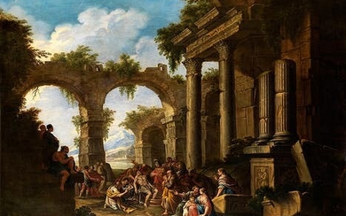 Italienischer Meister des 18. Jahrhunderts in der Nachfolge des Giovanni Paolo Panini (1691 – 1765), RÖMISCHES RUINENCAPRICCIO MIT DARSTELLUNG DES TODES DES SENECA