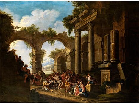 Italienischer Meister des 18. Jahrhunderts in der Nachfolge des Giovanni Paolo Panini (1691 – 1765), RÖMISCHES RUINENCAPRICCIO MIT DARSTELLUNG DES TODES DES SENECA