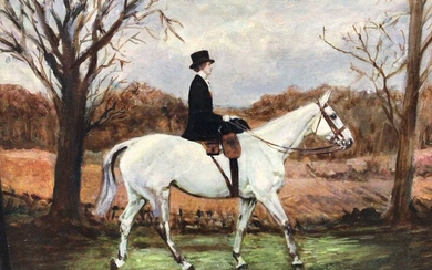 J. Whitmore early 20th Century, oil on canvas, A lady riding side-saddle on a grey hunter, signed. 34 x 44cm
