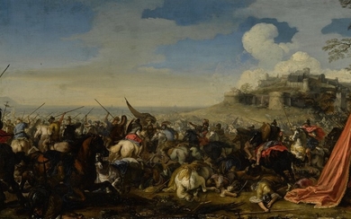 JACQUES COURTOIS, CALLED BORGOGNONE | A BATTLE SCENE WITH SOLDIERS ON HORSEBACK, A WALLED CITY RAISED ON A HILL BEYOND