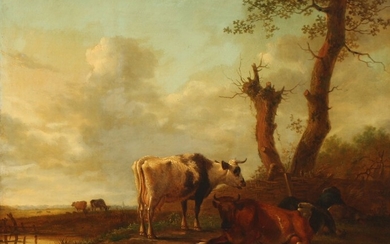 Jan Baptiste Kobell II: Landscape with grazing cattle. Signed and dated J. Kobell 1801. Oil on panel. 34×40 cm.
