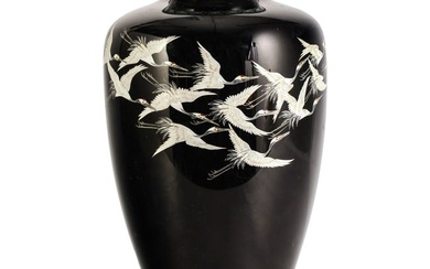 Japanese Black Cloisonne Silver Mounted Crane Vase