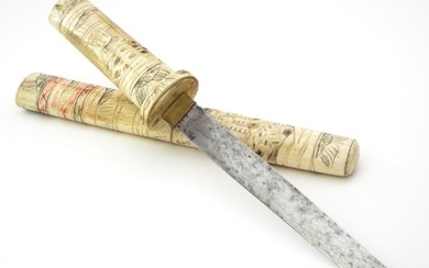Japanese Meiji era Carved Bone Tanto Dagger With Old Blade