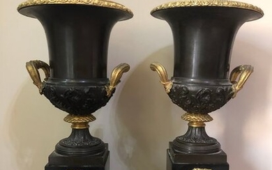 Jar, Pair of Medici Vases (2) - Charles X style - Bronze (gilt), Marble - 19th century