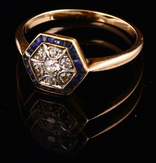 Jewellery gold - 14k rose gold hexagonal target ring, set with old-brilliant cut diamonds and callibrated sapphires - 55 mm