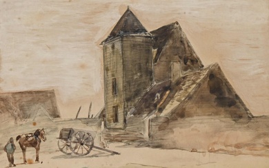 Johan Barthold JONGKIND (1819-1891) «La charrette près de la tour carrée», Aquarelle signée en bas...