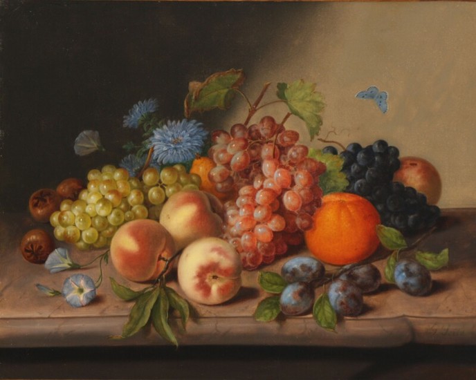 Johan Georg Seitz: Still life with fruit on a table. Signed G. Seitz. Oil on canvas. 42×52.5 cm.