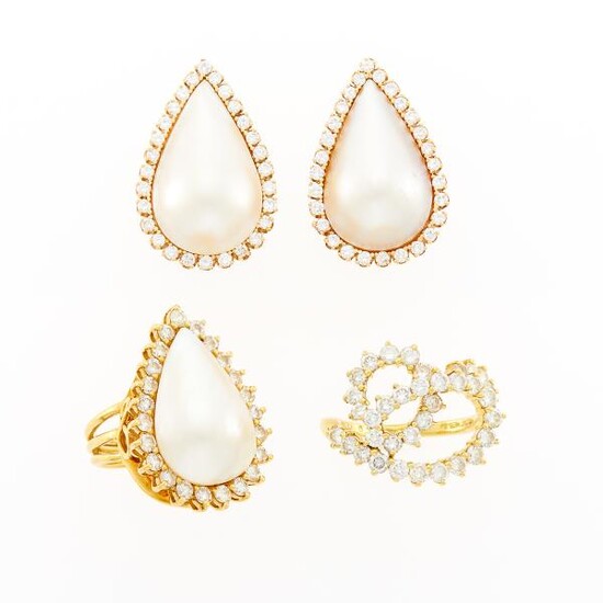Jose Hess Gold and Diamond Ring, Pair of Gold, Mabé Pearl and Diamond Earrings and Ring