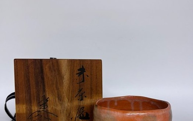 京焼 Kyo-yaki 楽焼 Raku-yaki 福井楽印 Rakuin Fukui - Minister of International Trade and Industry Award-winning artist - Chawan - Persimmon Takadai Red Tea Bowl-Koi carp color - Ceramic