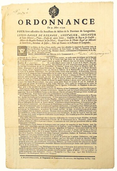 LANGUEDOC. 1734. Order of March 9, 1734 to assemble Six Battalions of MILICE de LANGUEDOC. Order of Louis-Basile DE BERNAGE Lord of St Maurice, Vaux, Chassy... Intendant of Languedoc, to the Militia of St ANDRÉ, and LA GARRIGUE to the Diocese of...