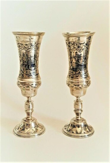 Large 19C Pair Russian Silver Niello Goblets