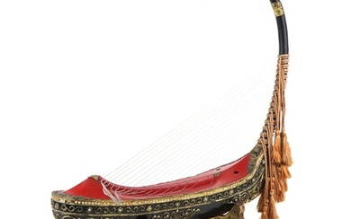 Large Burmese black and red lacquered Saung-gauk harp on sta...