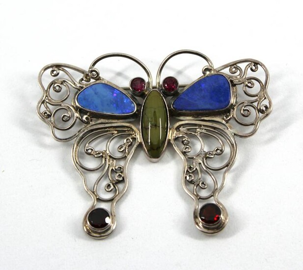 Large Silver Colored Stone Butterfly Motif Brooch