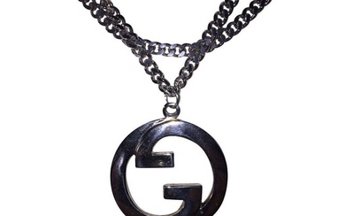 Large Silver Plated Gucci GG Monogrammed Pendant Chain Necklace