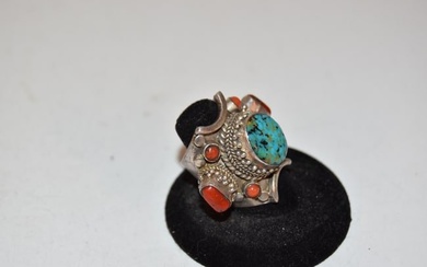 Large Sterling Silver Turquoise and Coral Ring Ring sz 8