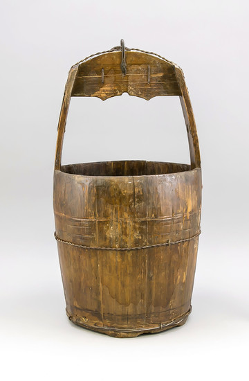 Large Wooden vessel, China, 19th century, barrel-shape with...