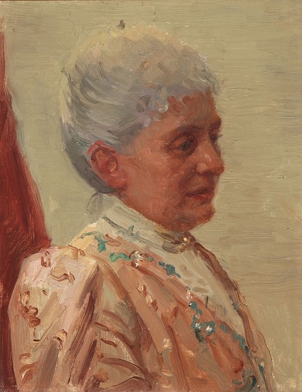 Laurits Tuxen: Portrait study of Marie Warelius for “Man rejser sig fra bordet (Aftenselskab hos familien Moresco)”. Unsigned. Oil on canvas. 27×22 cm.