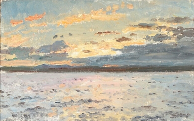 Laurits Tuxen: Seascape with the sun setting on a Scottish coast. Signed and dated L. T. Skotlands Kyst 23. Juni 1921. Oil on canvas. 29×45 cm.