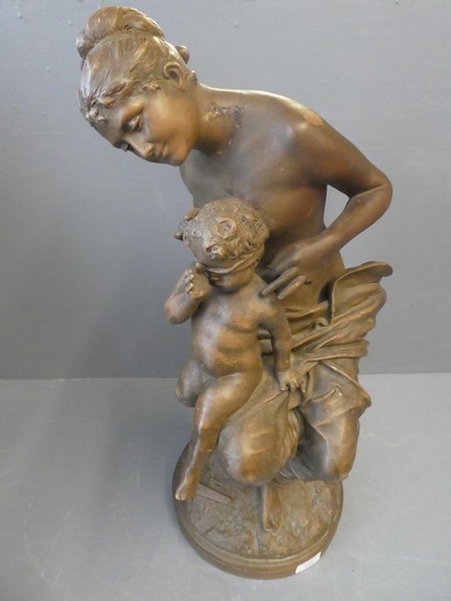 Leopold Bracony 'bronzed' terracotta figure of mother with p...