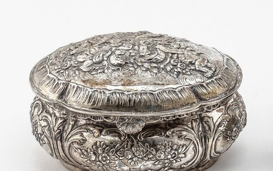 Lid box. On oval stand. Pressed bulbous body,...