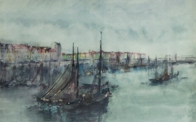 French School: Sailboats in front of a harbour, watercolour on...