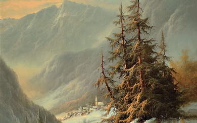 Ludwig Munninger, 1929-1997, paysage de montagne enneigé, un couple avec une lanterne sur le chemin...