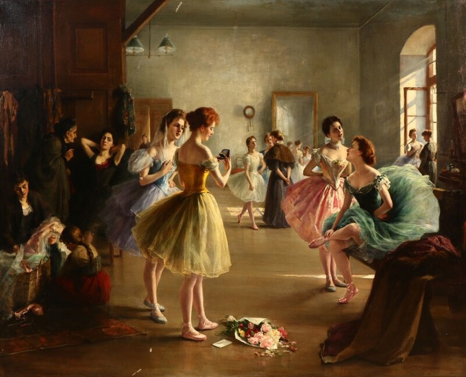 Luma von Flesch-Brunningen: A young dancer recieving a gift from an admirer. Signed L. v. Flesch-Brunningen. Oil on canvas. 108×143 cm.