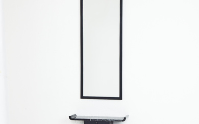MIRROR with CONSOLE TABLE, 1930's, art deco, black lacquered, stone disc, box in sargen, faceted glass.