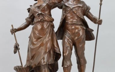 MOREAU Aug. Ohé, appelant dame avec parapluie et homme avec bâton' Art sculpture en bronze...
