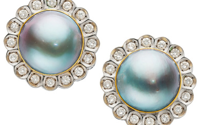 Mabe Pearl, Diamond, Gold Earrings Stones: Full-cut diamonds weighing...