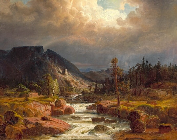 Marcus/Markus Larsson/Larson: Golden landscape with a raging river. Signed M. Larsson. Oil on canvas. 60×75 cm.