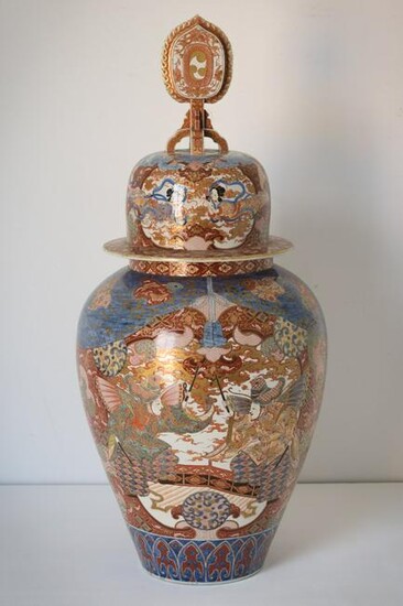 Massive Arita Jar and Lid decorated with images of