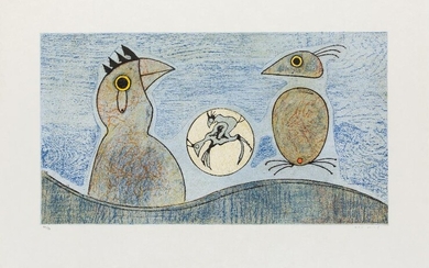 Max Ernst, German 1891-1976, Zwei Vogel, 1975; lithograph in colours on Japanese wove, signed and numbered 40/99 in pencil, printed by Pierre Chave, published by Editions Poligrafa, Barcelona, sheet: 78 x 57.3 cm, (framed) (ARR)