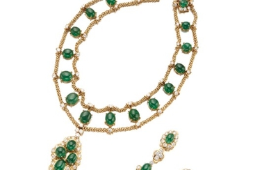 Mellerio Gold, Emerald and Diamond Pendant-Necklace and Pair of Earclips, France