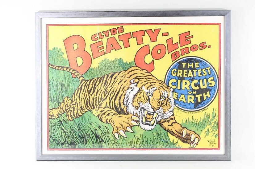 Metal Framed Clyde Beatty-Cole Bros Circus Tiger Poster