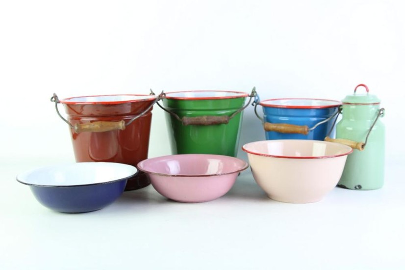 Mid Century Enamelled Buckets And Bowls