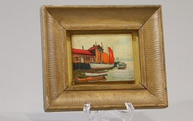 Miniature Oil Painting New England Fishing Boat, Wharf