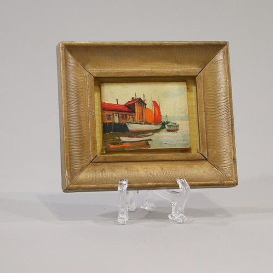 Miniature Oil Painting New England Fishing Boat, Wharf