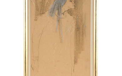 Mixed Media Drawing Portrait of Man in Profile, 1959