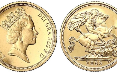 Monnaies et médailles d'or étrangères, Grande-Bretagne, Élisabeth II, 1952-2022, 1/2 Souverain 1992. 3,99 g. 917/1000....