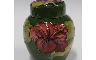 Moorcroft hibiscus pattern vase and cover, green ground, imp...