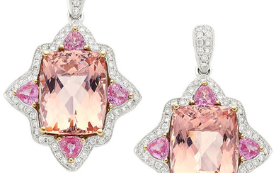 Morganite, Pink Sapphire, Diamond, White Gold Earrings Stones: Rectangular-shaped...