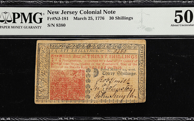 NJ-181. New Jersey. March 25, 1776. 30 Shillings. PMG About Uncirculated 50.